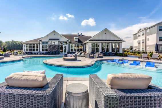 Lounge chairs with a view of the pool